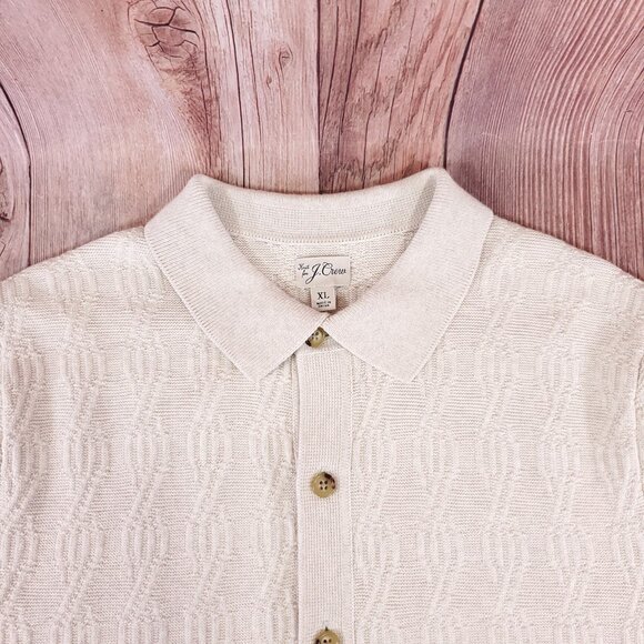 Knit for J Crew Mens XL Neutral Beige Cable Knit SS Cardigan Polo Sweater Cotton - Picture 1 of 12